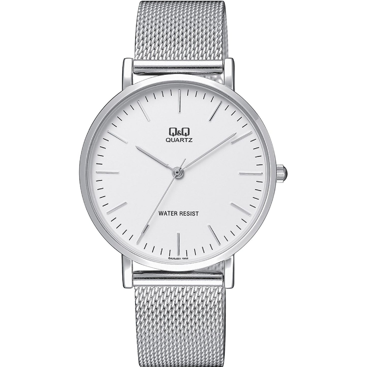 Q&Q Mod. GENT ONLY TIME wristwatch with 39mm metal case, water resistant 3 ATM, quartz movement, and official packaging box.