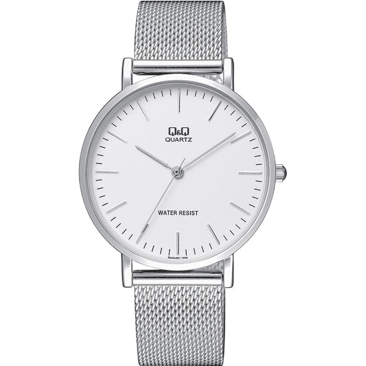 Q&Q Mod. GENT ONLY TIME wristwatch with 39mm metal case, water resistant 3 ATM, quartz movement, and official packaging box.