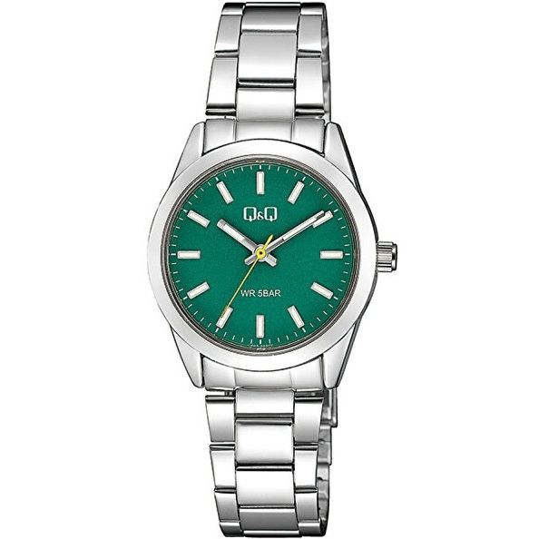 Silver Q&Q FASHION Mod. Q82A-003PY ladies wristwatch with green dial, quartz movement, and stainless steel bracelet.