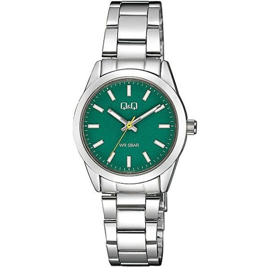 Silver Q&Q FASHION Mod. Q82A-003PY ladies wristwatch with green dial, quartz movement, and stainless steel bracelet.
