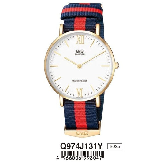 Q&Q FASHION Mod. Q974J131Y gent wristwatch with metal case and NATO strap, water resistant to 5 ATM, shown in official packaging.