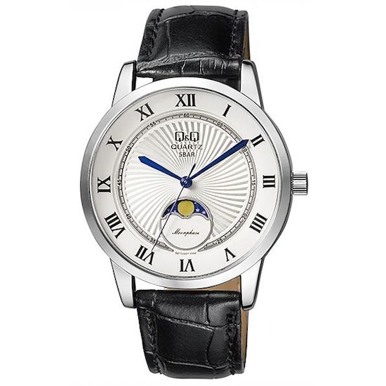 Alt Tag: Q&Q FASHION Mod. QZ10J307Y gent wristwatch with metal case, leather strap, quartz movement, and moonphase feature.