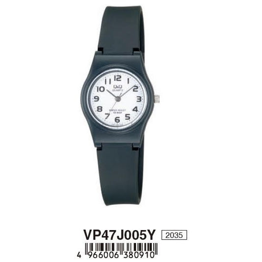 Q&Q FASHION Mod. VP47J005Y ladies wristwatch with black rubber strap, 27mm resin case, quartz movement, and 10 ATM water resistance.