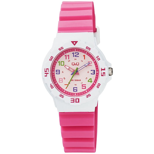 Q&Q FASHION Mod. VR19J012Y wristwatch with pink silicone strap, plastic case, quartz movement, and water resistance of 10 ATM.