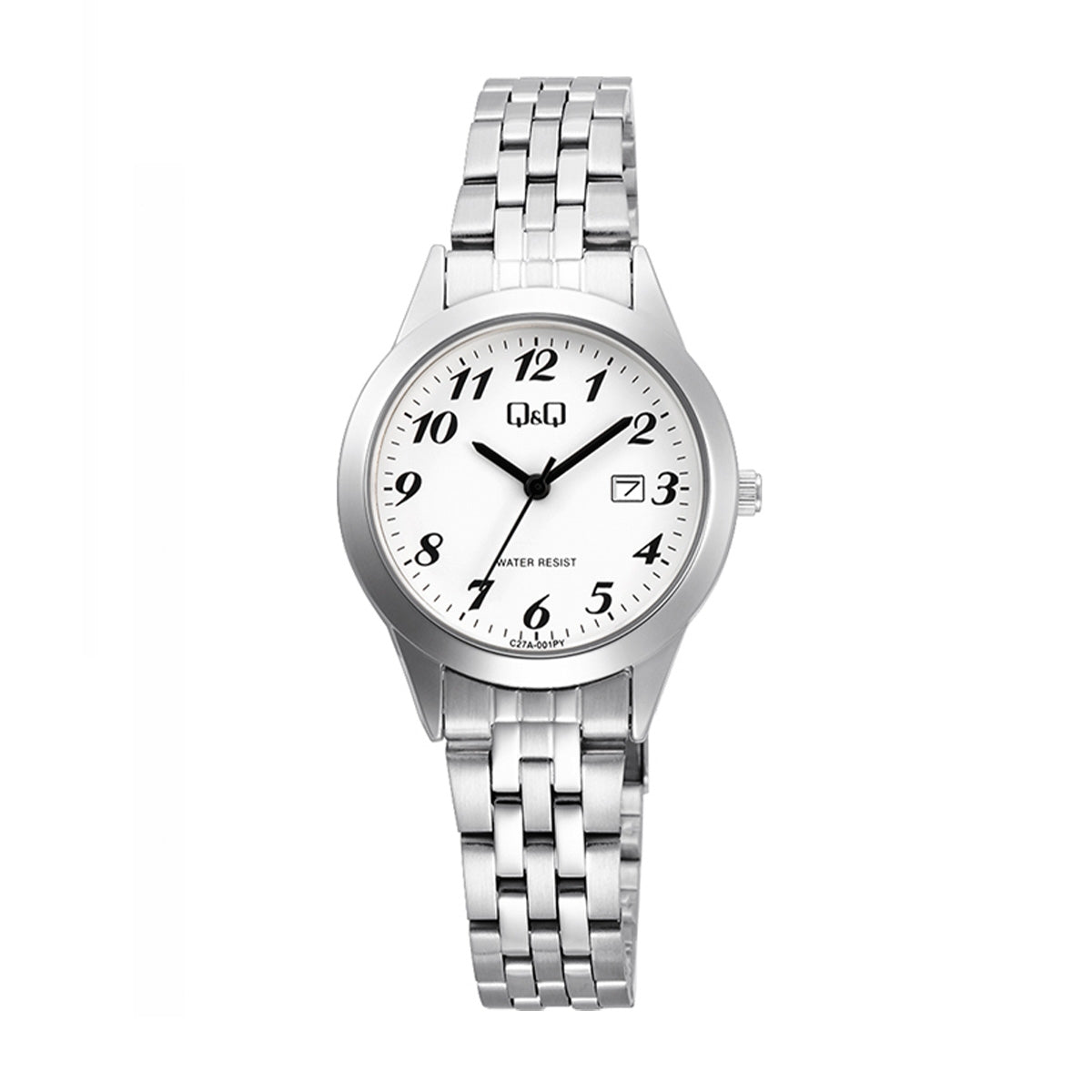 Q&Q Mod. LADY DATE wristwatch with 3 ATM water resistance, 30 mm metal case, SS bracelet, quartz movement, and mineral dial.