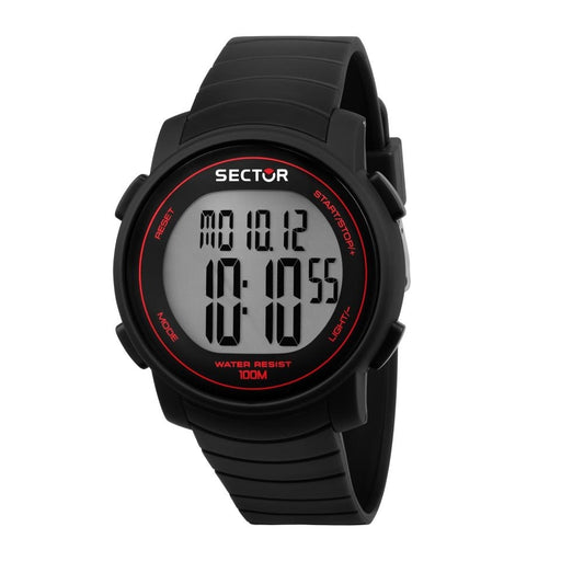 SECTOR Mod. EX-31 digital watch with black and red design, featuring water resistance up to 100 meters and digital display.