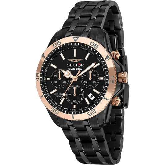 SECTOR Mod. 650 gent's wristwatch with black SS IP case, chronograph, quartz movement, metal strap, and 10 ATM water resistance.