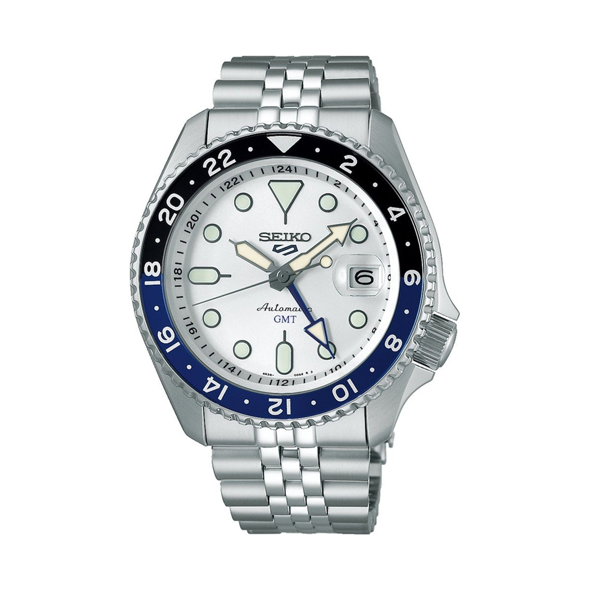 SEIKO 5 Mod. SPORTS AUTOMATIC GMT - WHITE wristwatch with stainless steel bracelet, showing time and date on white dial.
