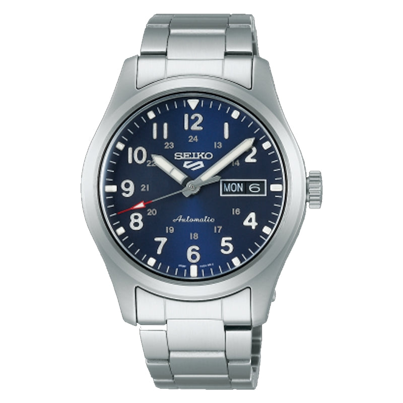 SEIKO 5 Mod. SPORTS Automatic wristwatch with stainless steel bracelet, blue dial, day & date function, and mineral glass, 10 ATM water resistant.