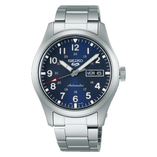 SEIKO 5 Mod. SPORTS Automatic wristwatch with stainless steel bracelet, blue dial, day & date function, and mineral glass, 10 ATM water resistant.
