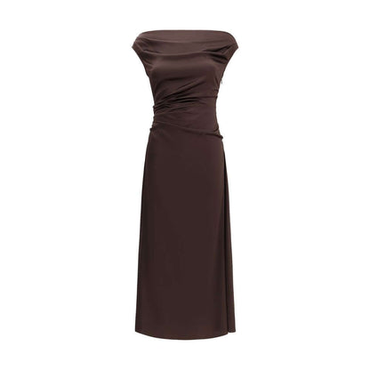 Staud Brown Silk Cocktail Dress with draped neckline, exposed shoulders, and fitted waist in stretch silk for AW25 special occasions.