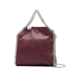 Stella McCartney Falabella Tiny crossboydy bag in bordeaux red with chain-link handles and logo charm, includes a protective dust bag.