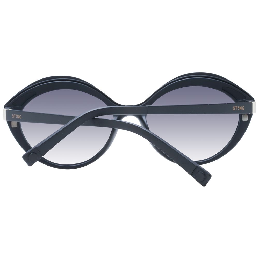 Sting Black Women Glasses Frame, oval full-rim black plastic with polarized gradient lenses, shown with branded case for 100% UV protection.