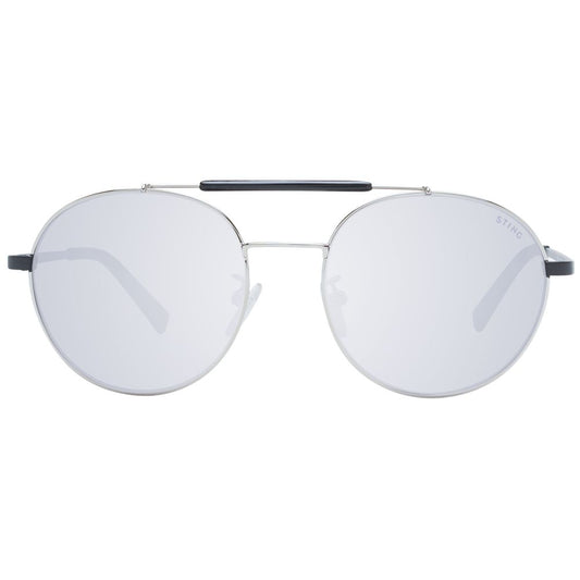 Sting Gray Men Sunglass, grey metal aviator frame with full-rim mirrored lenses, 100% UVA/UVB protection, includes branded case.