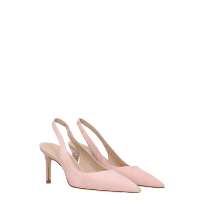 Stuart Weitzman Pink Leather Mid Heel Pumps with pointy toe and suede design, perfect for casual style and elegant fit.