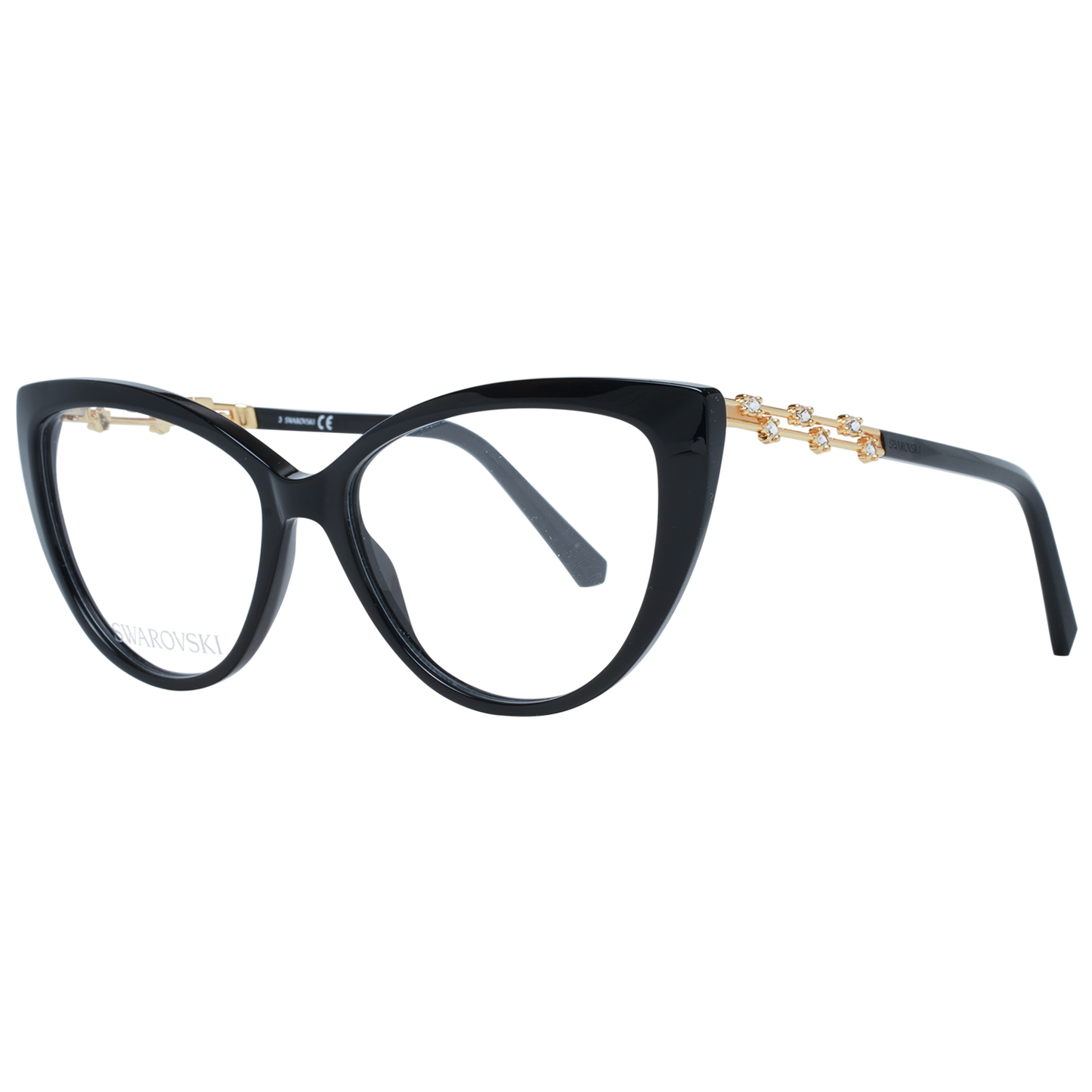 Swarovski Elegant Black Cat Eye Designer Eyeglasses with chic full-rim frames, adorned with iconic shape and refined black finish.