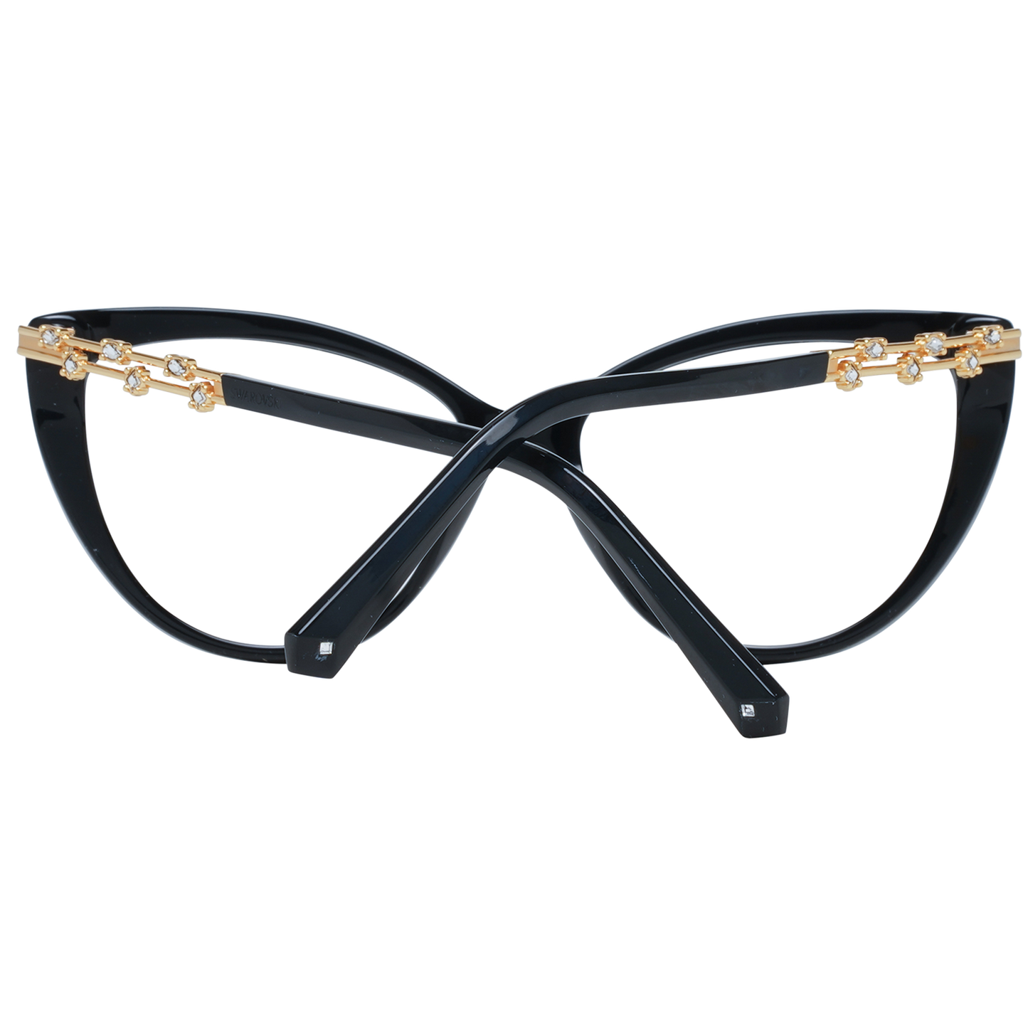 Swarovski Elegant Black Cat Eye Designer Eyeglasses featuring full-rim frames with a refined black finish and chic gold detailing.