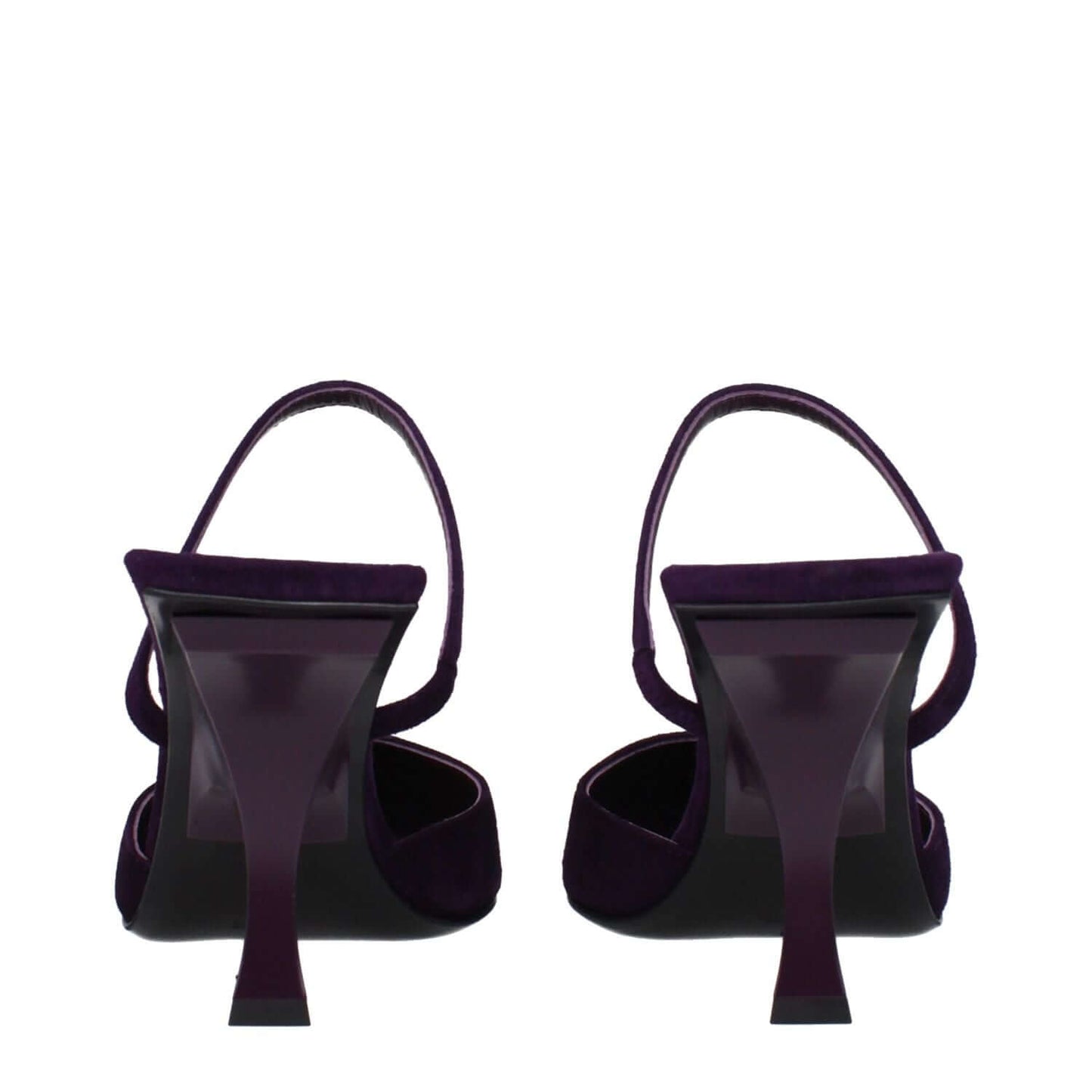 The Attico Purple Leather Stiletto Heel Sandals with pointy toe and leather sole, showing back view.