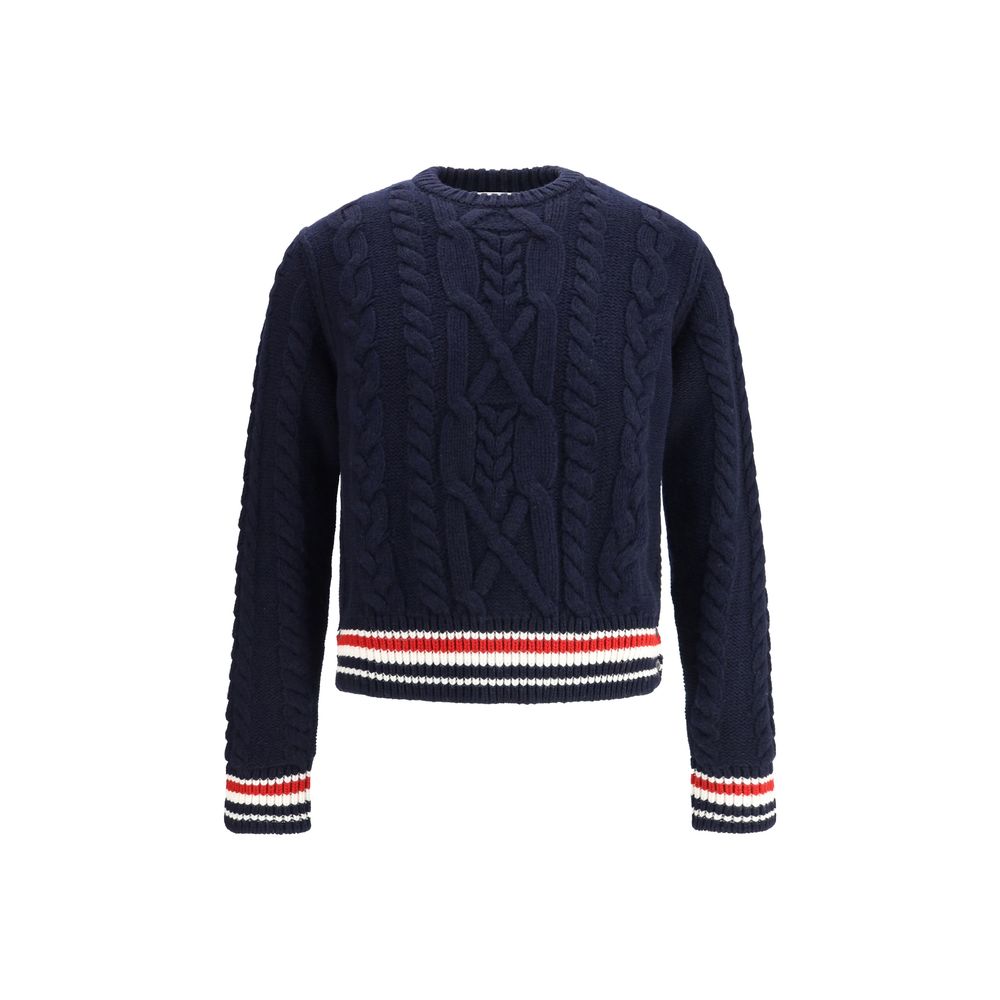 Thom Browne Cable knit Sweater with tricolor hem, ribbed crew neck and cuffs.