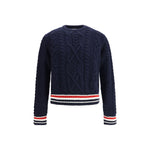 Thom Browne Cable knit Sweater with tricolor hem, ribbed crew neck and cuffs.