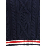 Thom Browne Cable knit Sweater with tricolor hem detail, showcasing elegant wool cable-knit design.