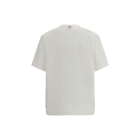 Back view of Thom Browne Cotton T-Shirt with ribbed crew neck and asymmetrical hem, featuring side buttons and classic logo detailing.