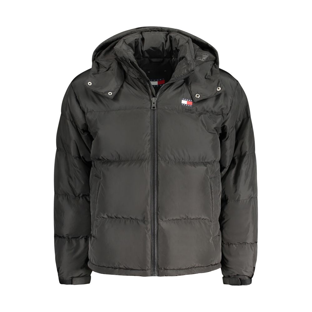Tommy Hilfiger Black Recycled Polyester Men Jacket with removable hood and iconic logo.