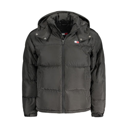 Tommy Hilfiger Black Recycled Polyester Men Jacket with removable hood and iconic logo.