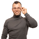 Model wearing Tommy Hilfiger Gray Unisex Glasses Frame with multicolor full-rim design and square style glasses.