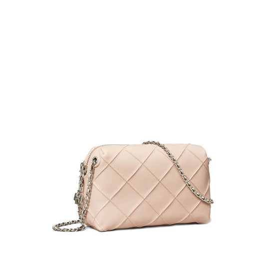 Tory Burch Fleming leather crossbody bag in light pink with diamond quilted design and adjustable chain strap.