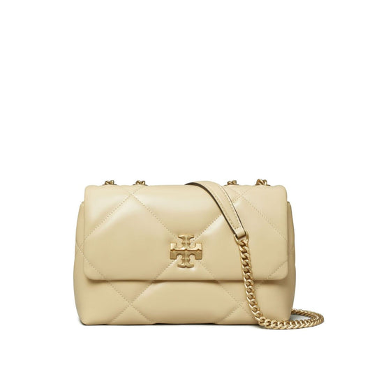 Tory Burch Kira Diamond small leather shoulder bag in light yellow with chain-link strap and gold-tone logo plaque, quilted design.