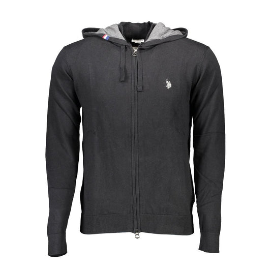 U.S. POLO ASSN. Black Cotton Mens Cardigan with zip closure and hood, showcasing luxury embroidery and iconic logo for a sleek look.