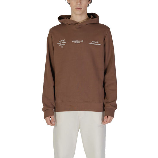 Underclub Brown Cotton Hoody with embroidered text, worn by model. Features adjustable hood, ribbed cuffs, crafted from 100% cotton for comfort.