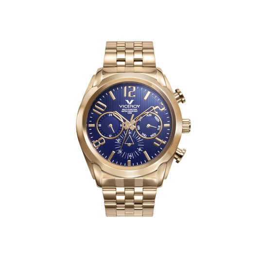 VICEROY Mod. 471195-97 men's quartz watch with gold case, blue dial, 42mm, 10 ATM water resistance, multifunction features.