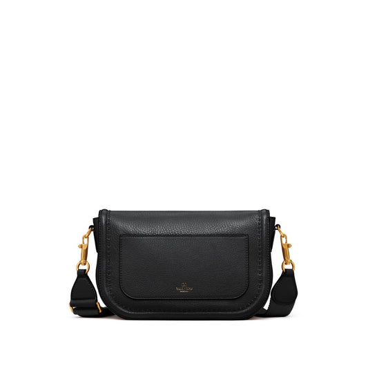 Valentino Garavani Alltime Grainy Calfskin Shoulder Bag in black with detachable straps and VLogo, view from the front.