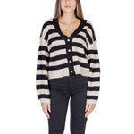Model wearing Vero Moda Beige Polyester Cardigan, fall/winter women's knitwear, striped black and beige design, polyester blend
