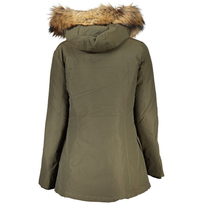 Alt Tag: Woolrich Green Cotton Jackets & Coat with hood, removable fur trim, long sleeves, two pockets, zip and buttons, logo visible