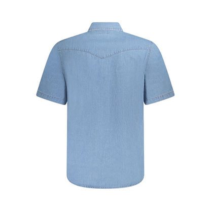 Wrangler Light Blue Cotton Men Shirt with short sleeves, featuring western-inspired design and automatic fastenings, back view.
