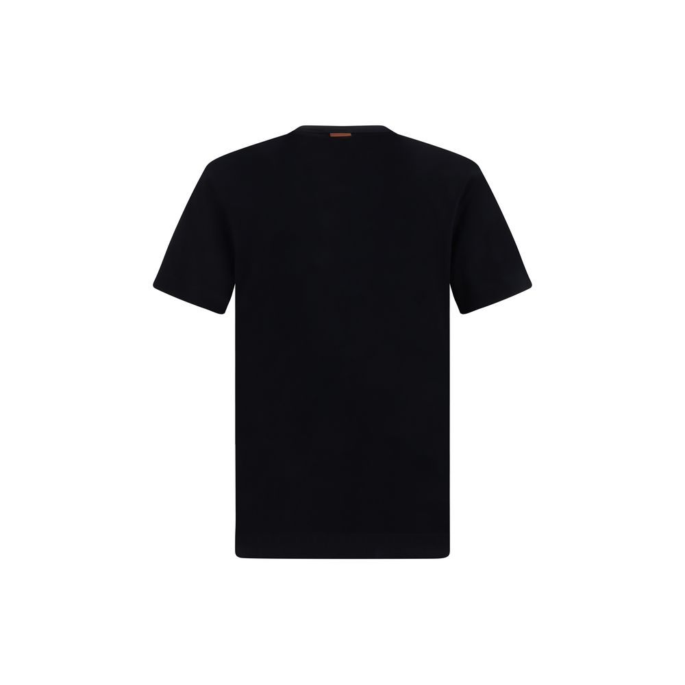 ZEGNA Black Cotton T-Shirt with ribbed crew neck and brand monogram for AW25, regular fit, 100% cotton.