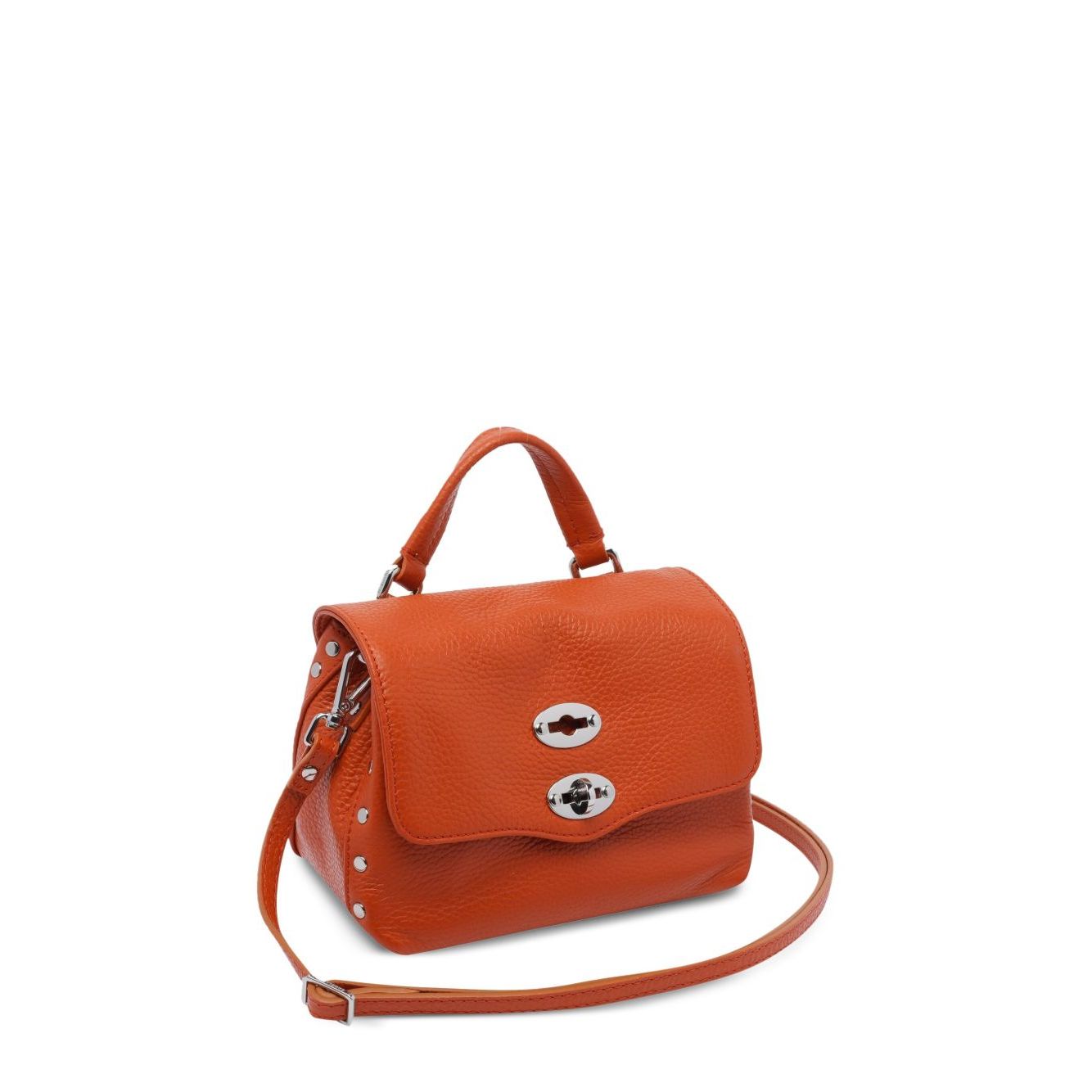 Zanellato Postina Daily Baby leather handbag in orange calf leather with turn-lock closure, top handle, and stud detailing.